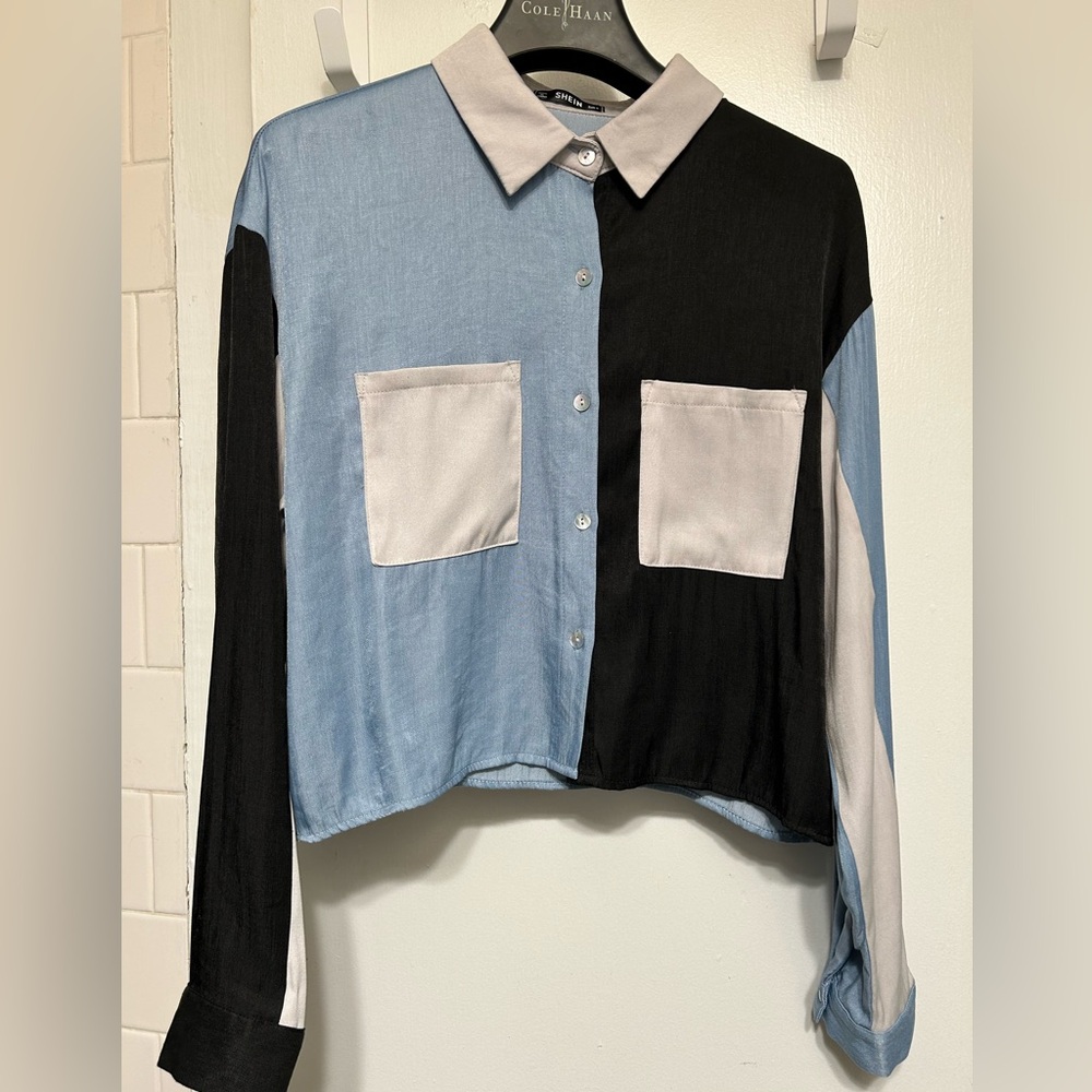 Stylish Blue and Black Women’s Small Button Down Shirt